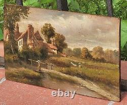 Tableau signé. Paysage Animé. Peinture huile sur panneau de bois d'acajou