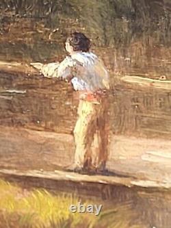 Tableau signé. Paysage Animé. Peinture huile sur panneau de bois d'acajou