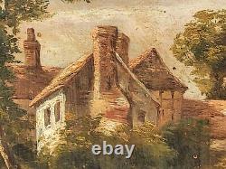 Tableau signé. Paysage Animé. Peinture huile sur panneau de bois d'acajou