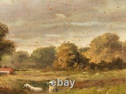 Tableau signé. Paysage Animé. Peinture huile sur panneau de bois d'acajou
