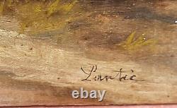 Tableau signé. Paysage Animé. Peinture huile sur panneau de bois d'acajou