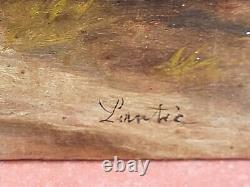 Tableau signé. Paysage Animé. Peinture huile sur panneau de bois d'acajou