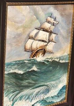Tableau signé Paysage Marin Bateau. Peinture huile sur panneau de bois