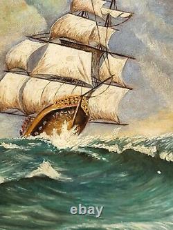 Tableau signé Paysage Marin Bateau. Peinture huile sur panneau de bois