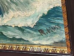 Tableau signé Paysage Marin Bateau. Peinture huile sur panneau de bois