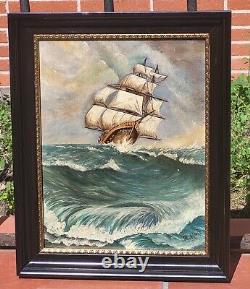 Tableau signé Paysage Marin Bateau. Peinture huile sur panneau de bois