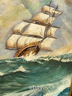 Tableau signé Paysage Marin Bateau. Peinture huile sur panneau de bois