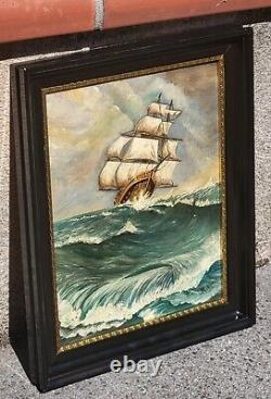 Tableau signé Paysage Marin Bateau. Peinture huile sur panneau de bois