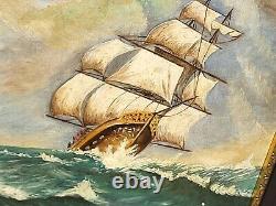 Tableau signé Paysage Marin Bateau. Peinture huile sur panneau de bois