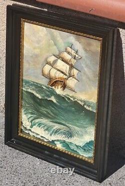 Tableau signé Paysage Marin Bateau. Peinture huile sur panneau de bois