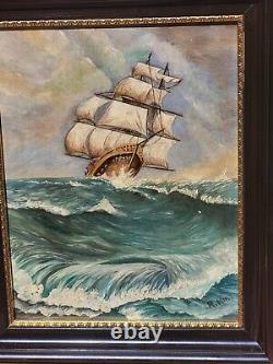 Tableau signé Paysage Marin Bateau. Peinture huile sur panneau de bois