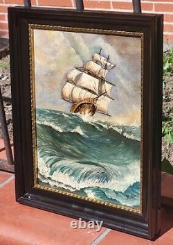 Tableau signé Paysage Marin Bateau. Peinture huile sur panneau de bois