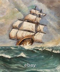 Tableau signé Paysage Marin Bateau. Peinture huile sur panneau de bois