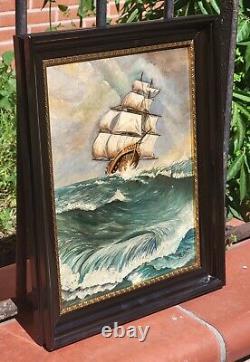 Tableau signé Paysage Marin Bateau. Peinture huile sur panneau de bois