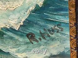 Tableau signé Paysage Marin Bateau. Peinture huile sur panneau de bois