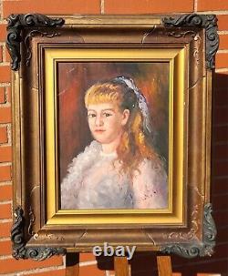 Tableau signé. Portrait de Jeune Fille. Peinture huile sur panneau de bois