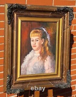 Tableau signé. Portrait de Jeune Fille. Peinture huile sur panneau de bois