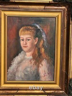 Tableau signé. Portrait de Jeune Fille. Peinture huile sur panneau de bois