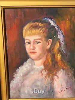 Tableau signé. Portrait de Jeune Fille. Peinture huile sur panneau de bois