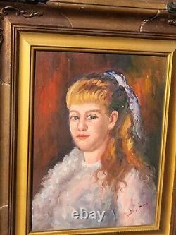 Tableau signé. Portrait de Jeune Fille. Peinture huile sur panneau de bois