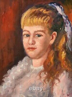 Tableau signé. Portrait de Jeune Fille. Peinture huile sur panneau de bois