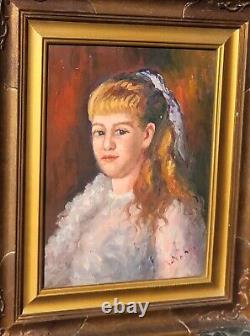 Tableau signé. Portrait de Jeune Fille. Peinture huile sur panneau de bois