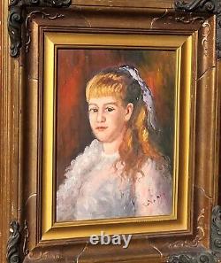 Tableau signé. Portrait de Jeune Fille. Peinture huile sur panneau de bois