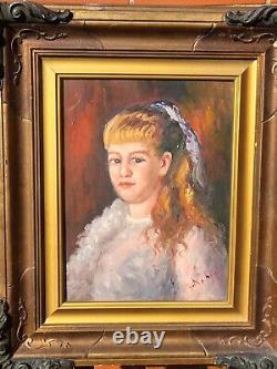 Tableau signé. Portrait de Jeune Fille. Peinture huile sur panneau de bois