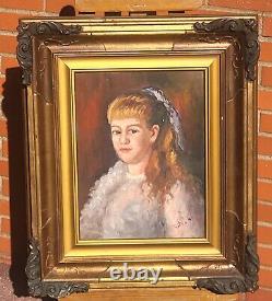 Tableau signé. Portrait de Jeune Fille. Peinture huile sur panneau de bois