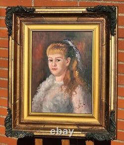 Tableau signé. Portrait de Jeune Fille. Peinture huile sur panneau de bois