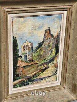 Tableau signé Titré. Vue Église Peinture huile sur panneau de bois