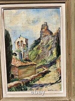Tableau signé Titré. Vue Église Peinture huile sur panneau de bois