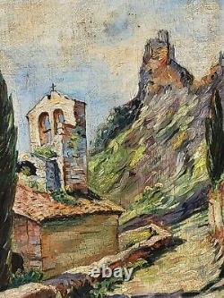 Tableau signé Titré. Vue Église Peinture huile sur panneau de bois