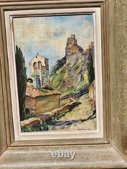 Tableau signé Titré. Vue Église Peinture huile sur panneau de bois