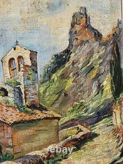 Tableau signé Titré. Vue Église Peinture huile sur panneau de bois