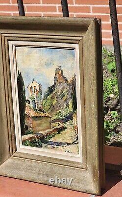 Tableau signé Titré. Vue Église Peinture huile sur panneau de bois