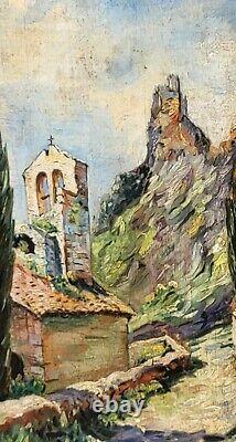 Tableau signé Titré. Vue Église Peinture huile sur panneau de bois