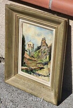 Tableau signé Titré. Vue Église Peinture huile sur panneau de bois