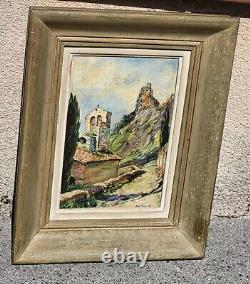 Tableau signé Titré. Vue Église Peinture huile sur panneau de bois