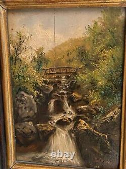 Tableau signé fin XIXe huile sur panneau au pont de bois et au torrent