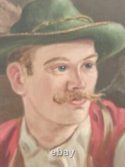 Tableau signé huile sur bois Homme Tyrolien fumant la pipe circa 1950 cadre doré