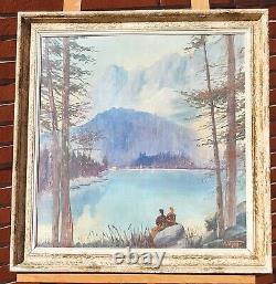 Tableau signée ANDREA VOGLER Bord du Lac Animées Peinture huile sur panneau bois