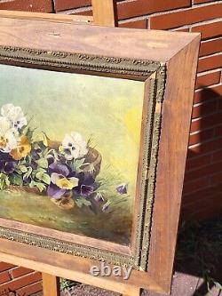 Tableau signée C S Bouquet de Fleurs. Peinture huile sur panneau de bois