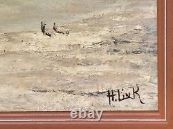 Tableau signée H. LINK. Paysage Marin Animées Peinture huile sur panneau de bois