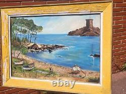 Tableau signée MONTOYA. Paysage Marin Barques Peinture huile sur panneau d'isorel