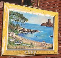 Tableau signée MONTOYA. Paysage Marin Barques Peinture huile sur panneau d'isorel