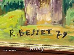 Tableau signée RENE BESSET. Paysage Animées. Peinture huile sur panneau de Bois