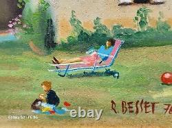 Tableau signée RENÉ BESSET Paysage Animées Peinture huile sur panneau de Bois