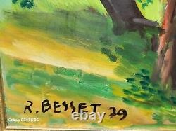 Tableau signée RENE BESSET Paysage Sous bois Peinture huile sur panneau de Bois