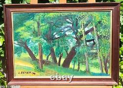 Tableau signée RENE BESSET Paysage Sous bois Peinture huile sur panneau de Bois
